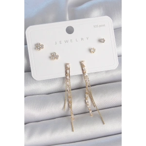 Pirinç Gold Renk Su Yolu Zirkon Taşlı Sallantı Model Çiçek Detay 925 Ayar Gümüş Çivi Kadın Küpe Seti