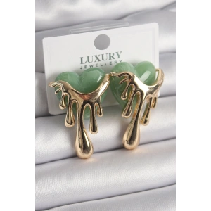 Pirinç Gold Renk Yeşil Sedefli Akan Kalp Model Kadın Küpe - TJ-BKP9894