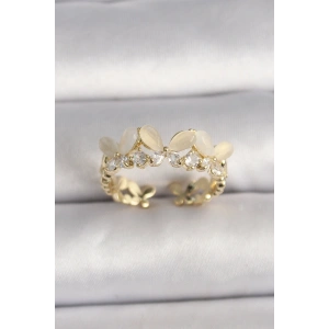 Pirinç Gold Renk Zirkon Taş Detaylı Beyaz Mineli Model Ayarlanabilir Yüzük - TJ-BYK3529