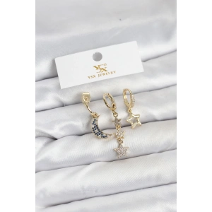 Pirinç Gold Renk Zirkon Taşlı Ay ve Yıldız Model YSX Trio Küpe Seti - TJ-BKP11574