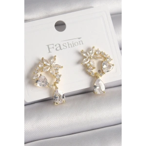 Pirinç Gold Renk Zirkon Taşlı Çiçek Model Sallantı Damla Detay Kadın Küpe - TJ-BKP9911