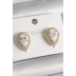 Pirinç Gold Renk Zirkon Taşlı Damla Model Kadın Küpe - TJ-BKP9917