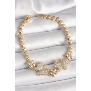Pirinç Gold Renk Zirkon Taşlı Figür Çiçek Zincir Model Kadın Bileklik - TJ-BB6826