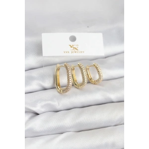 Pirinç Gold Renk Zirkon Taşlı Halka Model YSX Trio Küpe Seti