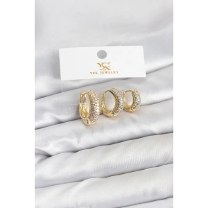 Pirinç Gold Renk Zirkon Taşlı Halka Model YSX Trio Küpe Seti - TJ-BKP11558
