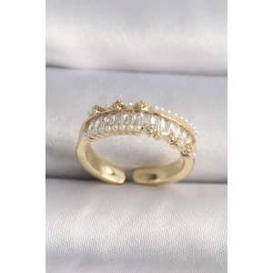 Pirinç Gold Renk Zirkon Taşlı İnci Detay VIP Seri Kadın Yüzük - TJ-BYK3520