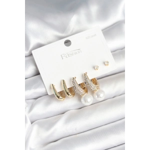 Pirinç Gold Renk Zirkon Taşlı İnci Detaylı 925 Ayar Gümüş Çivili Kadın Küpe Seti - TJ-BKP11252