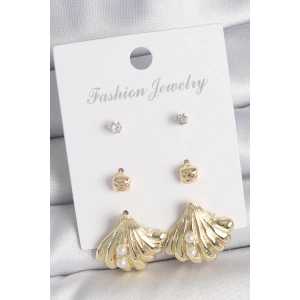 Pirinç Gold Renk Zirkon Taşlı İnci Detaylı Deniz Kabuğu Model 3 Çift Kadın Küpe Seti - TJ-BKP10617