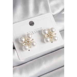 Pirinç Gold Renk Zirkon Taşlı İncili Kadın Küpe - TJ-BKP9947