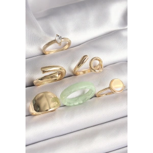 Pirinç Gold Renk Zirkon Taşlı İşleme Plaka Figürlü Beyaz Daire Mine Detaylı 6Lı Kadın Yüzük Seti - TJ-BYK3633