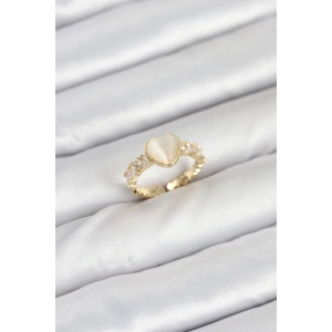 Pirinç Gold Renk Zirkon Taşlı Kalpli Kadın Yüzük - TJ-BYK3856