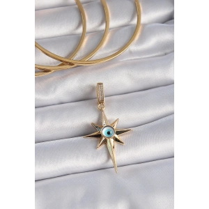 Pirinç Gold Renk Zirkon Taşlı Kutup Yıldızı Nazar Boncuk Detay Ajda Charm - TJ-BC1006