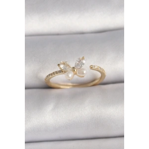 Pirinç Gold Renk Zirkon Taşlı Mode İnci Detay Ayarlanabilir Yüzük - TJ-BYK3557