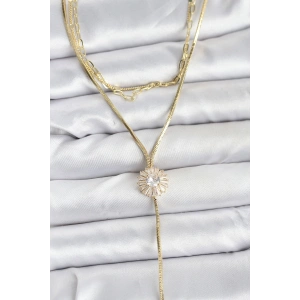 Pirinç Gold Renk Zirkon Taşlı Papatya Model Detaylı 3lü Kombin Y Kadın Kolye - TJ-BKO10696