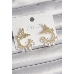 Pirinç Gold Renk Zirkon Taşlı Sallantı Detay Model Kadın Küpe - TJ-BKP9901