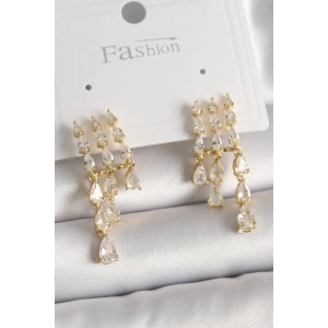 Pirinç Gold Renk Zirkon Taşlı Yağmur Model Kadın Küpe