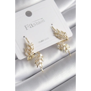 Pirinç Gold Renk Zirkon Taşlı Yaprak Model Kadın Küpe - TJ-BKP8607
