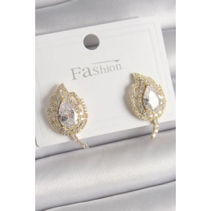 Pirinç Gold Renk Zirkon Taşlı Yaprak Model Kadın Küpe - TJ-BKP9945