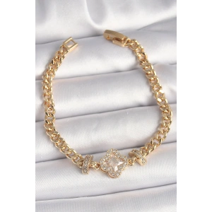 Pirinç Gold Renk Zirkon Taşlı Yonca Figür Zincir Model Kadın Bileklik - TJ-BB6818