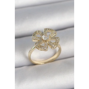 Pirinç Gold Renk Zirkon Taşlı Yonca Model Ayarlanabilir Kadın Yüzük - TJ-BYK3719
