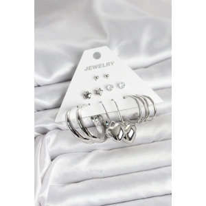 Pirinç Gümüş Renk 6 Çift Kadın Küpe Seti - TJ-BKP11340