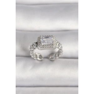 Pirinç Gümüş Renk Ayarlanabilir Zincir Kare Zirkon Taşlı Kadın Yüzük