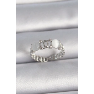 Pirinç Gümüş Renk Ayarlanabilir Zirkon Taşlı Beyaz Mineli Birleşik Halka Model Kadın Yüzük