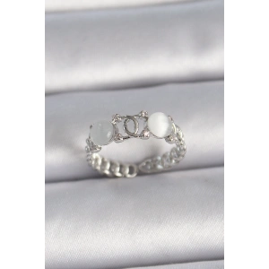 Pirinç Gümüş Renk Ayarlanabilir Zirkon Taşlı Beyaz Mineli Birleşik Halka Model Kadın Yüzük - TJ-BYK3403