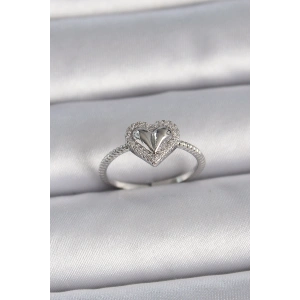 Pirinç Gümüş Renk Ayarlanabilir Zirkon Taşlı Kalp Model Kadın Yüzük - TJ-BYK3395