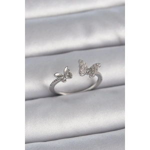 Pirinç Gümüş Renk Ayarlanabilir Zirkon Taşlı Kelebek Model Kadın Yüzük