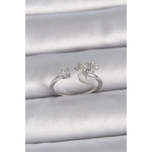 Pirinç Gümüş Renk Ayarlanabilir Zirkon Taşlı Yıldız Model Kadın Yüzük - TJ-BYK3397