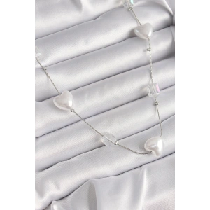 Pirinç Gümüş Renk Beyaz İnci Kalp Model Kadın Kolye