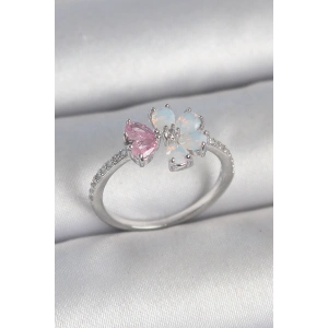 Pirinç Gümüş Renk Beyaz Mineli Pembe Zirkon Taşlı Çiçek Model Kadın Yüzük - TJ-BYK3708