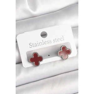 Pirinç Gümüş Renk Bordo Yonca Model Kadın Küpe - TJ-BKP10359