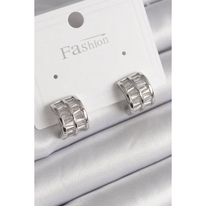 Pirinç Gümüş Renk Çift Sıra Zirkon Taşlı Kadın Küpe - TJ-BKP9755