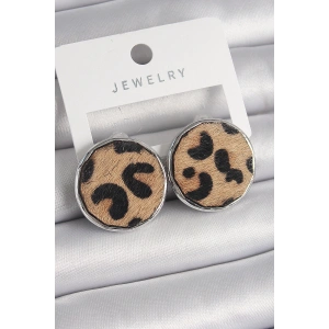 Pirinç Gümüş Renk Daire Plaka Model Leopar Desenli Kadın Küpe - TJ-BKP9890