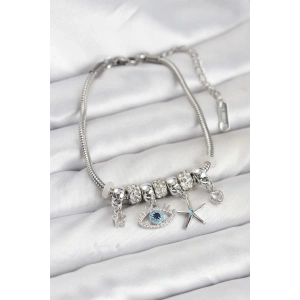 Pirinç Gümüş Renk Göz Model Charmlı Kadın Bileklik - TJ-BB8216