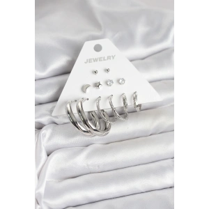 Pirinç Gümüş Renk Halka Modelli 6 Çift Kadın Küpe - TJ-BKP11335