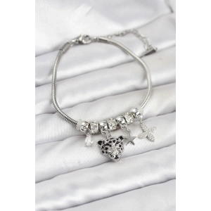 Pirinç Gümüş Renk Kaplan Model Charmlı Kadın Bileklik