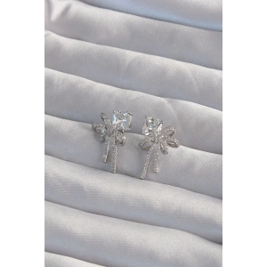 Pirinç Gümüş Renk Kare Zirkon Taşlı Fiyonk Küpe - TJ-BKP9306