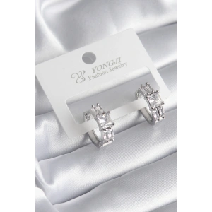 Pirinç Gümüş Renk Kare Zirkon Taşlı Kadın Küpe - TJ-BKP8351