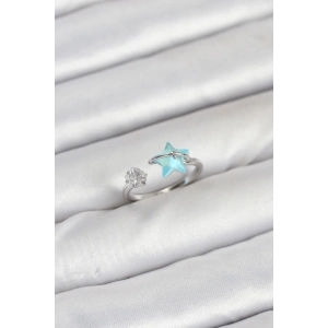 Pirinç Gümüş Renk Mavi Yıldızlı Model Kadın Yüzük - TJ-BYK3869