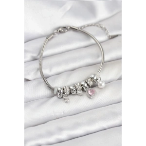 Pirinç Gümüş Renk Pembe Kalp Charmlı Kadın Bileklik