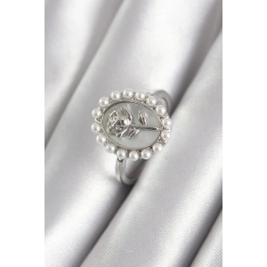 Pirinç Gümüş Renk Portre Gül Model İnci Detay Kadın Yüzük