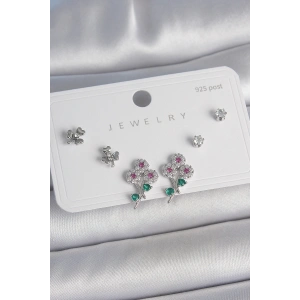 Pirinç Gümüş Renk Renkli Zirkon Taşlı Çiçek Model Yaprak Detay 925 Ayar Gümüş Çivi Kadın Küpe Seti - TJ-BKP10487