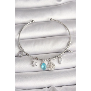 Pirinç Gümüş Renk Sallantı Pusula Figür Kalp Detay Charm Kadın Bileklik