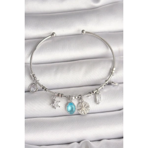 Pirinç Gümüş Renk Sallantı Pusula Figür Kalp Detay Charm Kadın Bileklik - TJ-BB6902