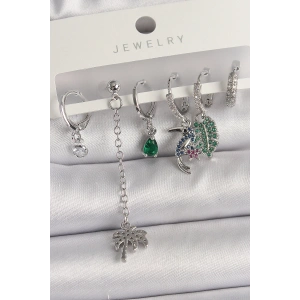 Pirinç Gümüş Renk Sallantı Zirkon Taşlı Ağaç Figür Çoklu Kadın Küpe Seti