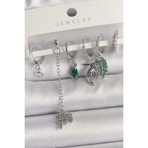 Pirinç Gümüş Renk Sallantı Zirkon Taşlı Ağaç Figür Çoklu Kadın Küpe Seti - TJ-BKP10119