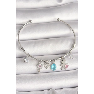 Pirinç Gümüş Renk Sallantı Zirkon Taşlı Ayıcık Figür Çiçek Detay Charm Kadın Bileklik - TJ-BB6908